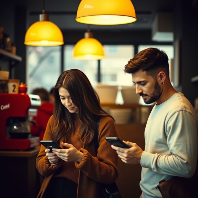 Two strangers standing near each other in a coffee shop, both on their phones