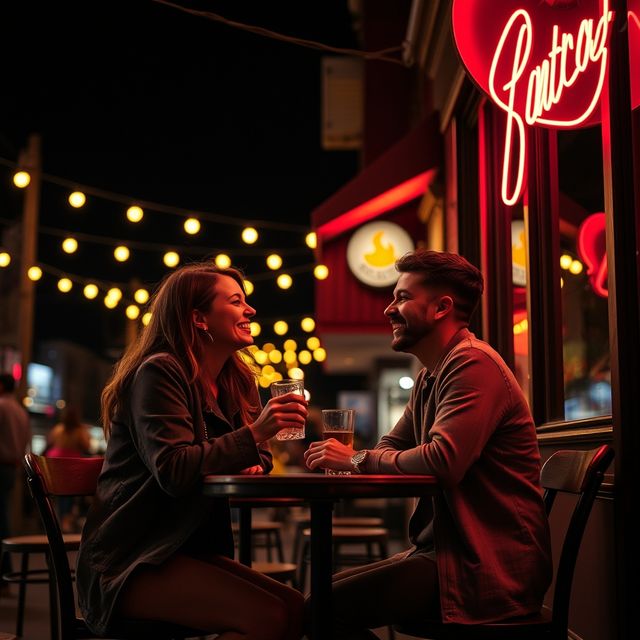 Two people laughing together at a table under string lights at night