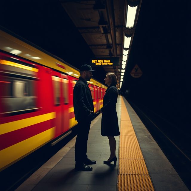 Two people noticing each other on a subway platform as a train passes